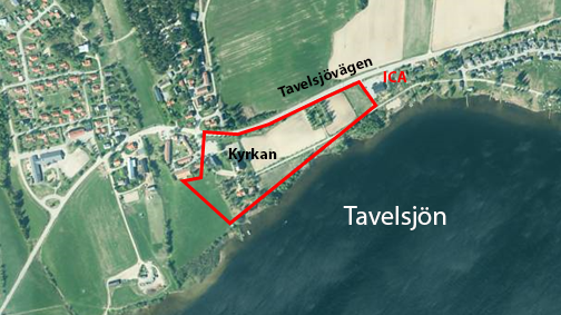 Preliminärt planområde vid Tavelsjöns norra strand.
