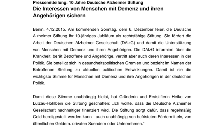 10 Jahre Deutsche Alzheimer Stiftung: Die Interessen von Menschen mit Demenz sichern