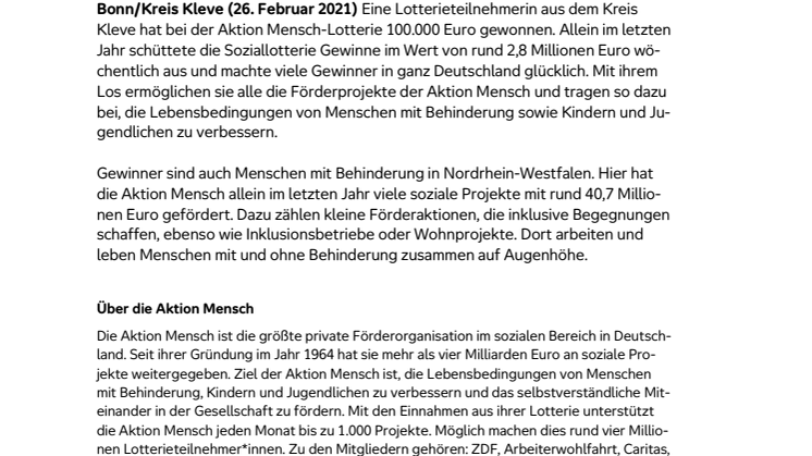 Kreis Kleve: Glückspilz gewinnt 100.000 Euro bei Aktion Mensch 