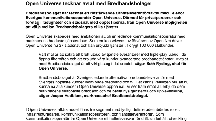 Open Universe tecknar avtal med Bredbandsbolaget