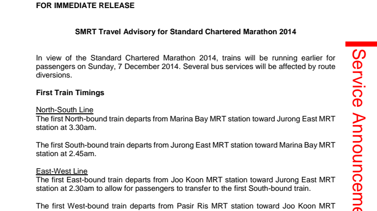 SMRT Travel Advisory for Standard Chartered Marathon 2014 