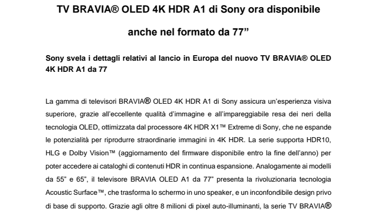 TV BRAVIA® OLED 4K HDR A1 di Sony ora disponibile anche nel formato da 77”