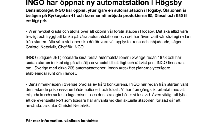 INGO har öppnat ny automatstation i Högsby