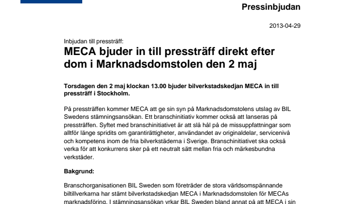 MECA bjuder in till pressträff direkt efter dom i Marknadsdomstolen den 2 maj