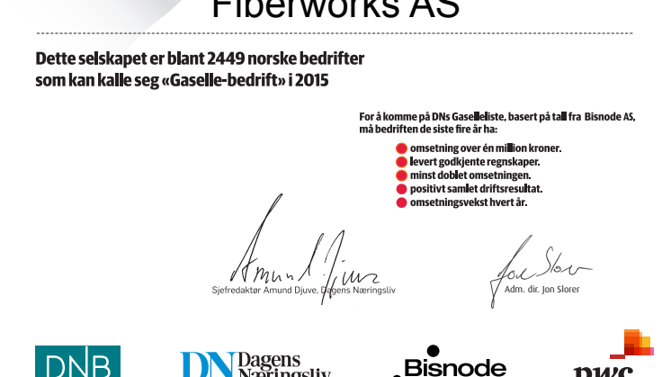 Fiberworks AS er Gaselle-bedrift!