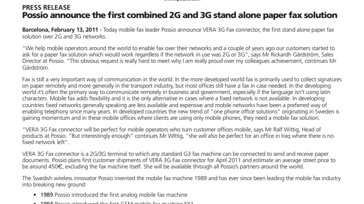 Possio announce the first combined 2G and 3G stand alone paper fax solution