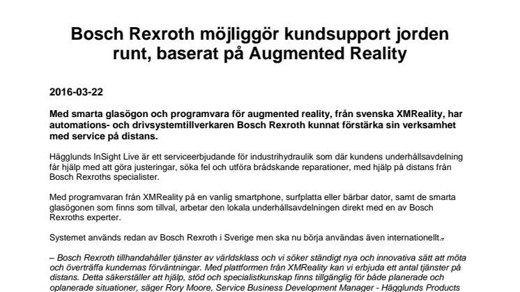 Bosch Rexroth möjliggör kundsupport jorden runt, baserat på Augmented Reality