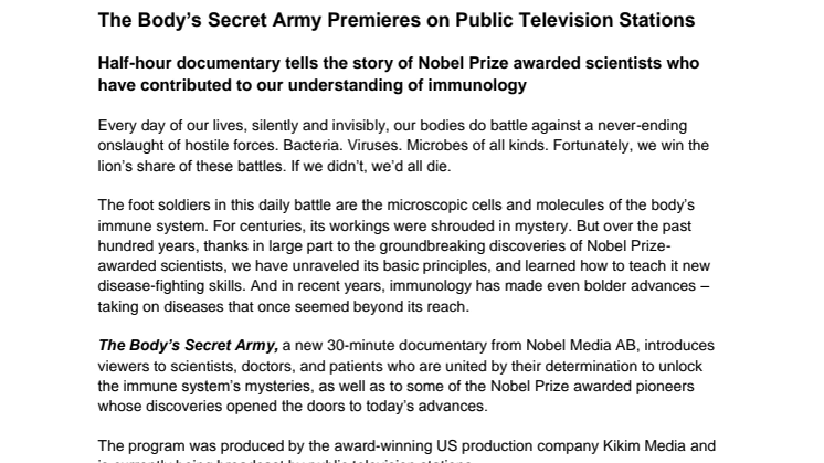 The Body’s Secret Army Premieres on Public Television Stations