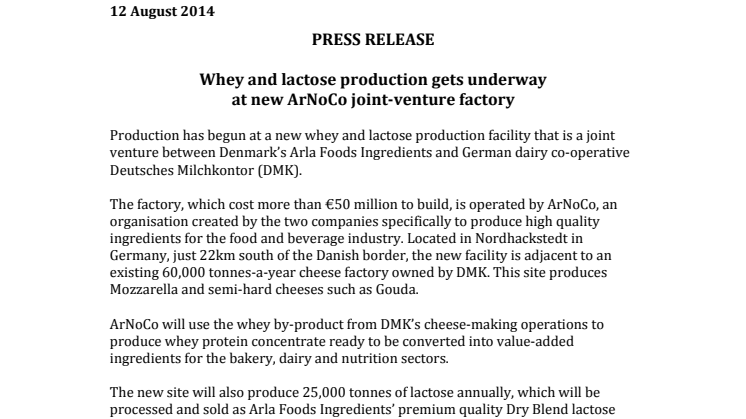 Whey and lactose production gets underway at new ArNoCo joint-venture factory
