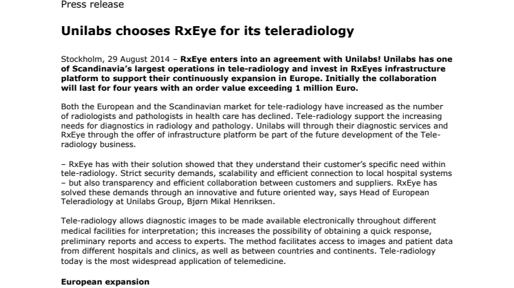 Unilabs chooses RxEye for its teleradiology
