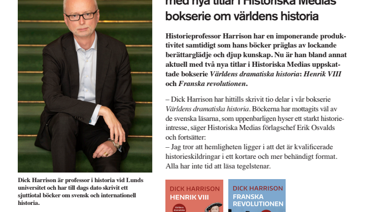 Produktive Dick Harrison aktuell  med nya titlar i Historiska Medias  bokserie om världens historia