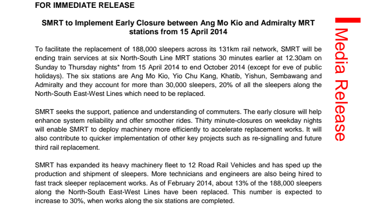 SMRT to Implement Early Closure between Ang Mo Kio and Admiralty MRT stations from 15 April 2014