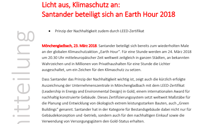 Licht aus, Klimaschutz an: Santander beteiligt sich an Earth Hour 2018