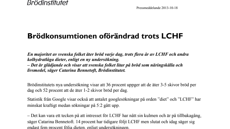 Brödkonsumtionen oförändrad trots LCHF