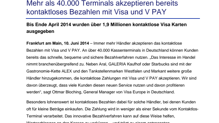 Mehr als 40.000 Terminals akzeptieren bereits kontaktloses Bezahlen mit Visa und V PAY