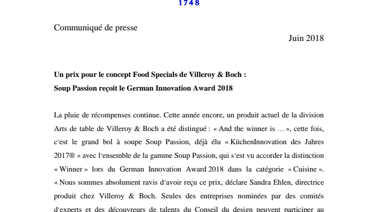 Un prix pour le concept Food Specials de Villeroy & Boch : Soup Passion reçoit le German Innovation Award 2018