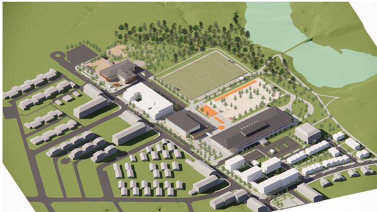 Den nya idrottshallen på Oppeby skolområde uppförs med trästomme och är utformad av LLP Arkitektkontor. Bild: LLP Arkitektkontor