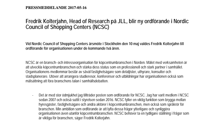 Fredrik Kolterjahn, Head of Research på JLL, blir ny ordförande i Nordic Council of Shopping Centers (NCSC)