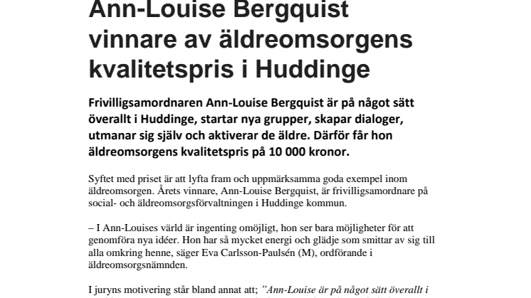 Ann-Louise Bergquist vinnare av äldreomsorgens kvalitetspris i Huddinge