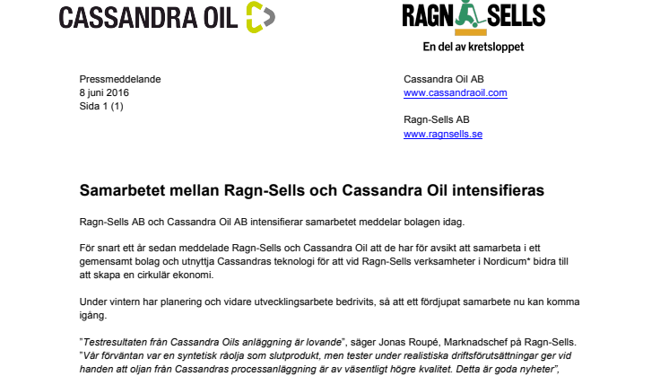 Pressmeddelande: ​Samarbetet mellan Ragn-Sells och Cassandra Oil intensifieras
