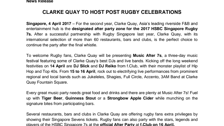 CLARKE QUAY TO HOST POST RUGBY CELEBRATIONS