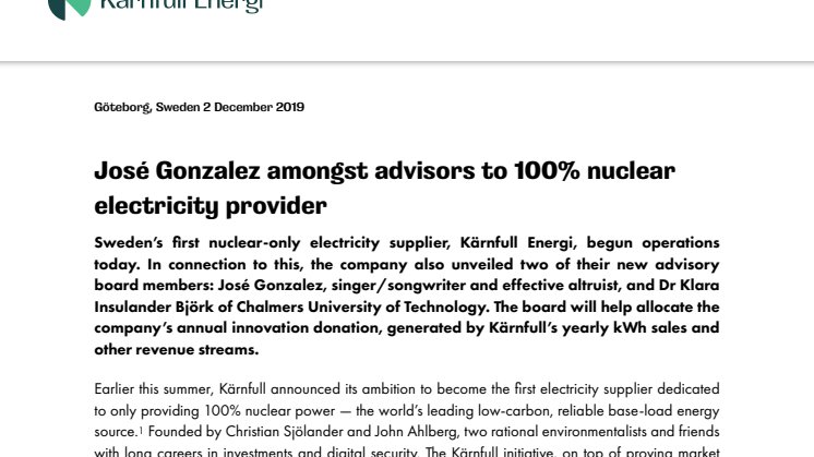 José Gonzalez amongst advisors to 100% nuclear electricity provider