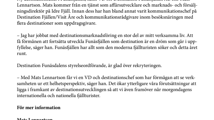 Mats Lennartson ny VD för Destination Funäsfjällen