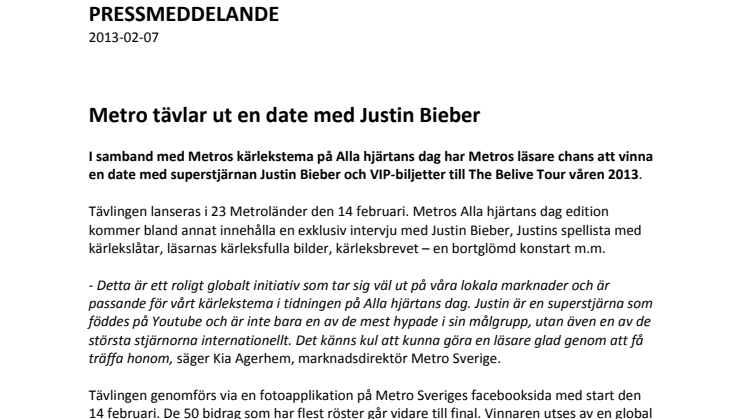 Metro tävlar ut en date med Justin Bieber