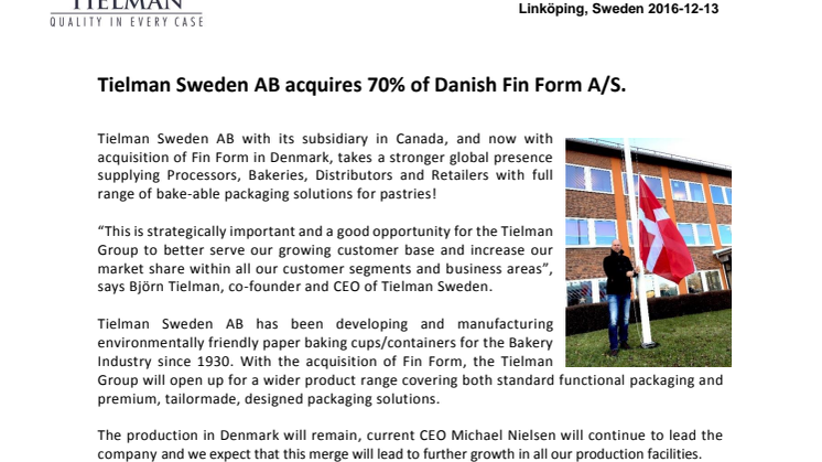 Tielman Sweden AB acquires 70% of Danish Fin Form A/S.
