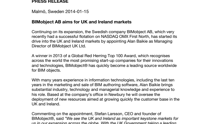 BIMobject AB aims for UK and Ireland markets
