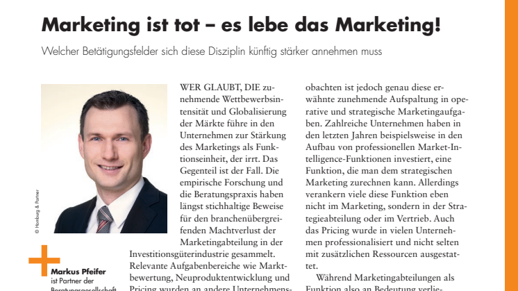 "Marketing ist tot - es lebe das Marketing!": Gastbeitrag von Markus Pfeifer in der "Marketing + Controlling"