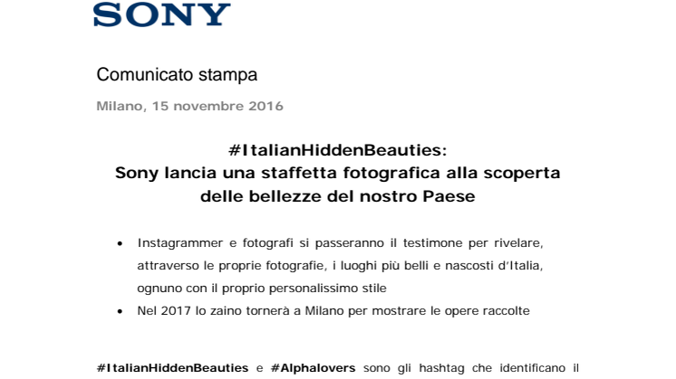 #ItalianHiddenBeauties:  Sony lancia una staffetta fotografica alla scoperta delle bellezze del nostro Paese 
