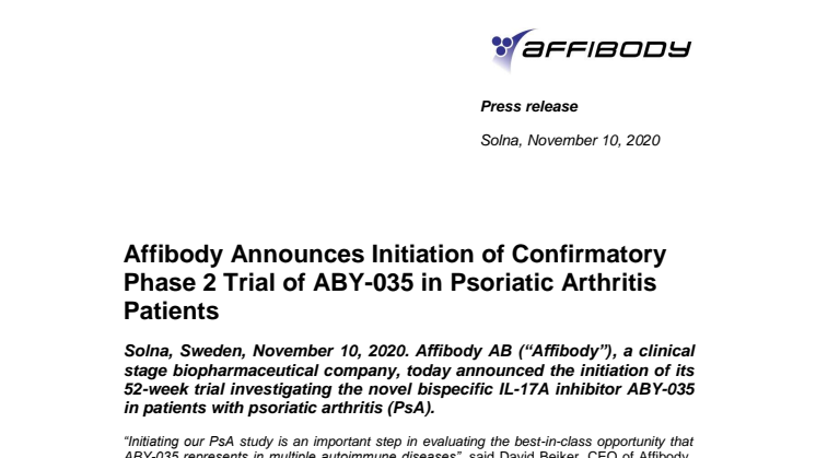 Affibody Announces Initiation of Confirmatory Phase 2 Trial of ABY-035 in Psoriatic Arthritis Patients