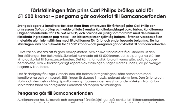 Tårtställningen från prins Carl Philips bröllop såld för 51 500 kronor – pengarna går oavkortat till Barncancerfonden 
