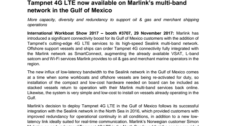 Marlink: Tampnet 4G LTE now available on Marlink’s multi-band network in the Gulf of Mexico 