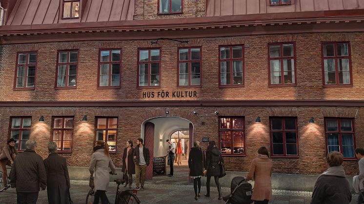 Kulturstråket på Kungsgatan i Uddevalla omfattar byggnaderna Kungsgatan 32 (Studio 32), Lotcen och Frideborg. Idéskiss: PE Teknik & Arkitektur.