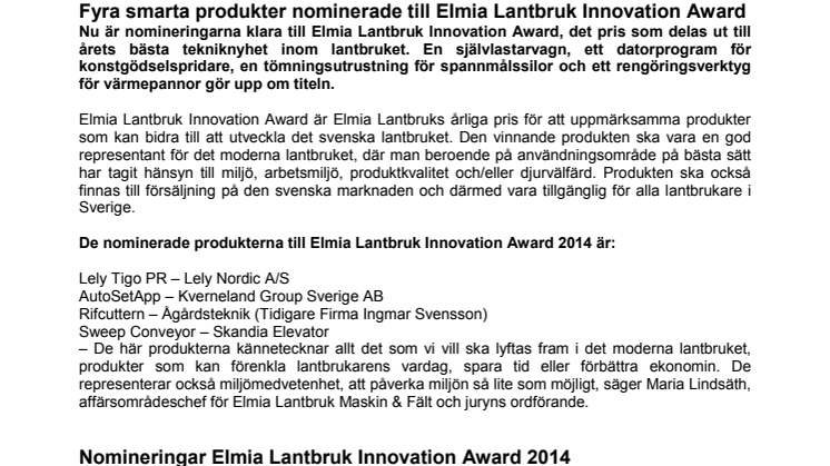 Fyra smarta produkter nominerade till Elmia Lantbruk Innovation Award