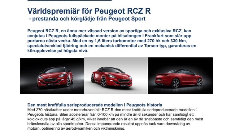 Världspremiär för Peugeot RCZ R  - prestanda och körglädje från Peugeot Sport