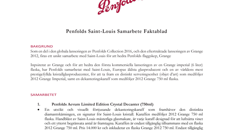 Penfolds Saint-Louis Samarbete Faktablad