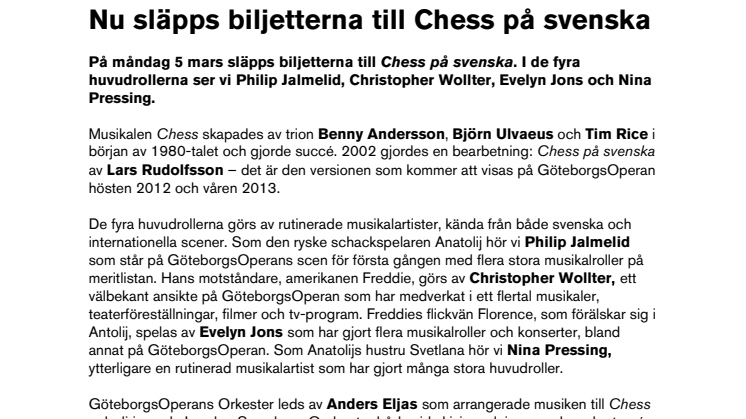 Nu släpps biljetterna till Chess på svenska 