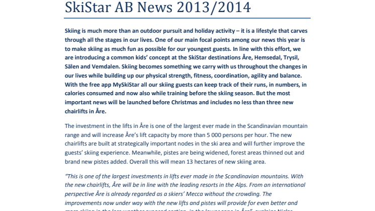 SkiStar AB News 2013/2014