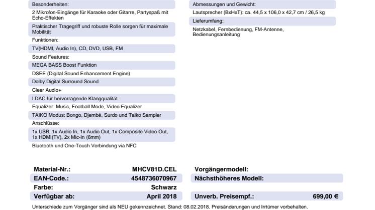 Datenblatt Audio System MHC-V81D von Sony