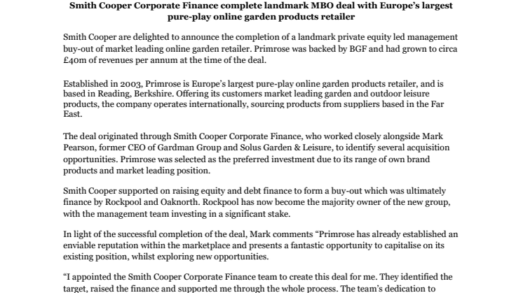 Smith Cooper Corporate Finance complete landmark MBO deal with Europe’s largest pure-play online garden products retailer