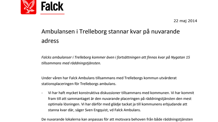 Ambulansen i Trelleborg stannar kvar på nuvarande adress