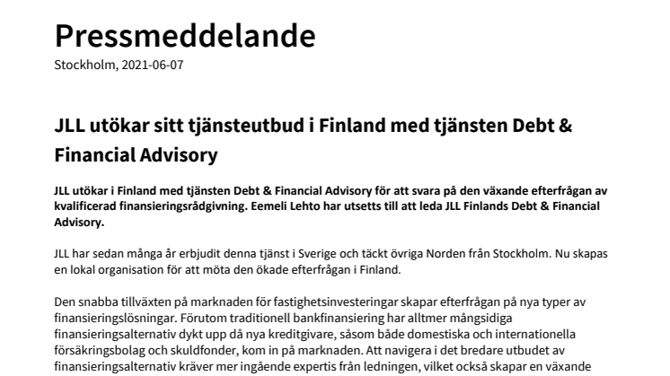 JLL utökar sitt tjänsteutbud i Finland med tjänsten Debt & Financial Advisory