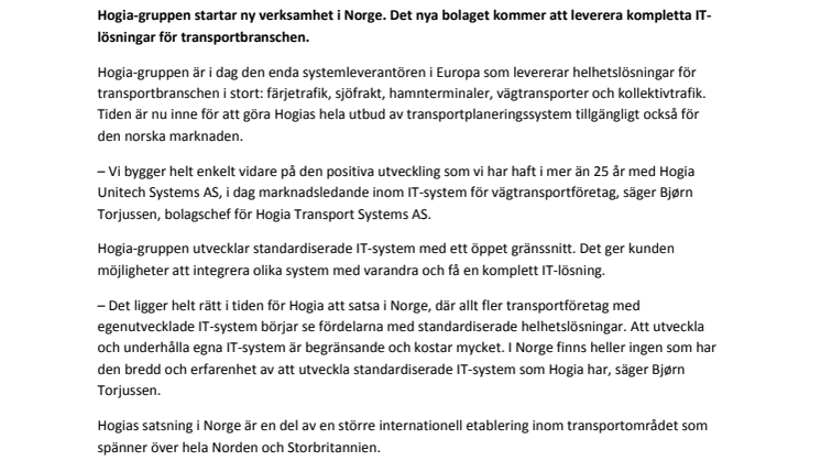 Hogia Transport Systems AS slår upp dörrarna i Norge