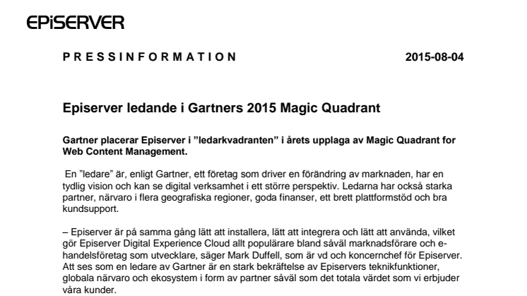 Episerver ledande i Gartners 2015 Magic Quadrant