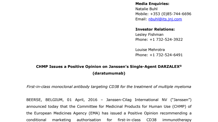 CHMP ger Janssens monoterapi DARZALEX® (daratumumab) ett positivt utlåtande