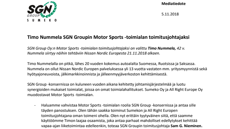 Timo Nummela SGN Groupin Motor Sports -toimialan toimitusjohtajaksi