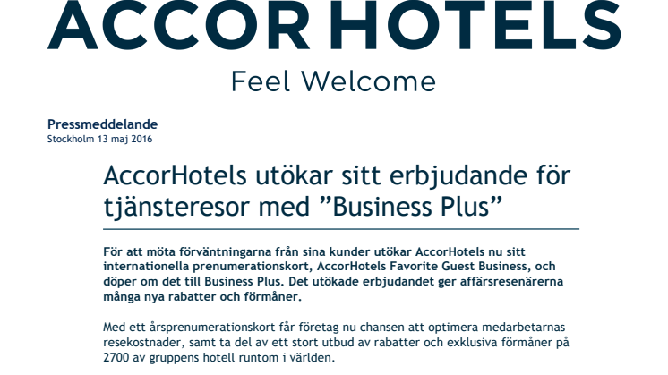 AccorHotels utökar sitt erbjudande för tjänsteresor med ”Business Plus”